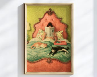 May include: A framed painting depicts a person reading a newspaper in bed, with the headline "NEWS" visible. Two cats, one orange and one black and white, are lounging on the bed. The bed has a pink headboard and green bedding.