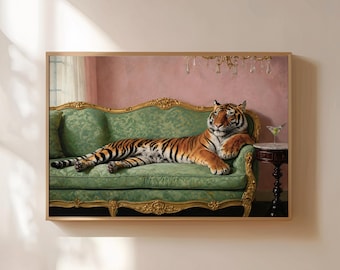 Tigre descansando en un sofá verde menta: divertida lámina horizontal de tigre regio, decoración de pared vintage de animales de la selva.