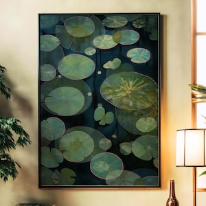 Lámina de pared con estanque de lirios: decoración de jardín acuático botánico oscuro / Póster inspirado en la naturaleza para spas, habitaciones zen e interiores elegantes