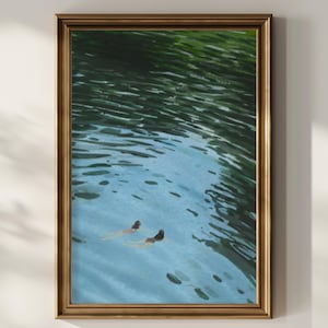 Minimalist Bathroom Wall Art, Japandi Swimmer Print, Calm Pool Green Art, Wabi Sabi Decor, Beach House Painting, Unframed Poster