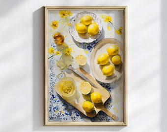 Citroen stilleven kunstprint, poster mediterrane citrus, gele keuken wanddecoratie, cottagecore fruitgiclée, boerderijvoedsel print