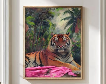 Lámina decorativa de tigre para pared, póster de animales exóticos, decoración selvática para salón o dormitorio, obra de arte bohemia ecléctica, pieza tropical llamativa