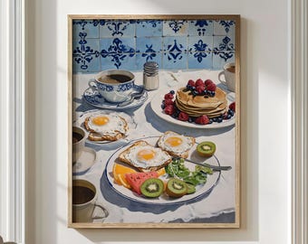 May include: A framed print of a breakfast scene. The image features a table set with coffee, eggs on toast, pancakes with berries, and sliced fruit. The background includes blue and white patterned tiles.