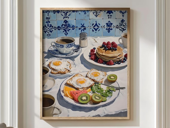 Brunch Wall Art, Holiday Kitchen Print, Mediterranean Breakfast Poster, Pancake and Coffee Decor for Airbnb, Cafe, Foodie Fine Art Print