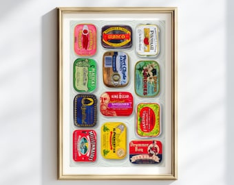 Póster vintage de lata de sardinas, impresión de arte mural retro de pescador, decoración colorida de cocina mediterránea, regalo náutico costero, impresión de pez en lata