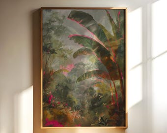 May include: A framed art print depicting a lush jungle scene. The artwork features large, green banana leaves with pink edges, set against a backdrop of dense foliage in shades of green, pink, and brown. The frame is a light brown color.