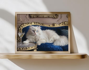 White Cat with Martini on Baroque Sofa, Horizontal Vintage Style Funny Cat Wall Art, Elegant Whimsical Pet Decor for Cat and Animal Lovers
