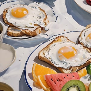 Puede incluir: Una escena de desayuno con platos de tostadas cubiertas con huevos fritos, junto con rodajas de naranjas, sand&iacute;a y kiwi. Los platos tienen bordes azules y blancos. Tambi&eacute;n se ven tazas de caf&eacute; y una taza de t&eacute; con un dise&ntilde;o azul y blanco.