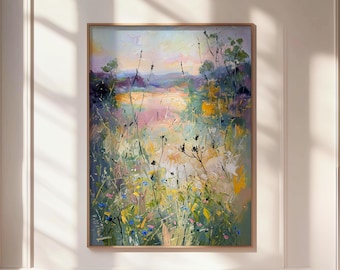 Golden Meadow Wildflower Wall Art Print, Cottagecore Landscape Poster, Romantic Nature Decor, Pastel Countryside Painting for Bedroom