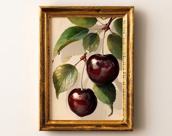 Cherry Wall Art Print, Glossy Red Fruit Poster, Mediterranean Botanical Kitchen Decor, Modern Farmhouse or Christmas Gift