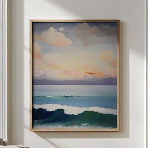 Sonnenuntergang Ozean Welle Küsten Wandkunst, Serene Meerlandschaft Poster für Strandhaus, Airbnb Dekor, Meerblick Malerei, nautischen Stil
