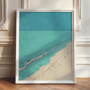 Impresión de arte de pared costero de casa de playa • Póster minimalista de olas del océano • Decoración de pared de Airbnb • Impresión de mar azul japonés • Estilo mediterráneo