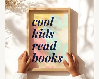 Cool Kids Read Books Poster, Retro Kids Room Wall Art, Bold Typography Reading Print, Gift for Bookworms, Teacher or Holiday Classroom Decor