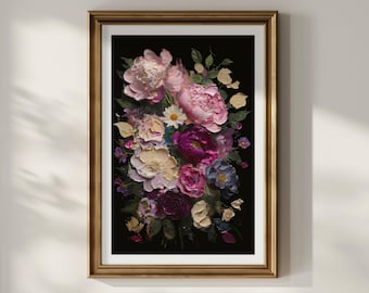 May include: A framed floral art print featuring a bouquet of peonies, roses, and other flowers in shades of pink, purple, and cream against a black background. The artwork is in a gold frame.