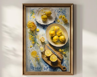 Lemon Still Life Kitchen Art Print, Mediterranean Fruit Poster, Yellow Food Photography, Cottagecore Decor, Citrus Giclée Wall Art For Home