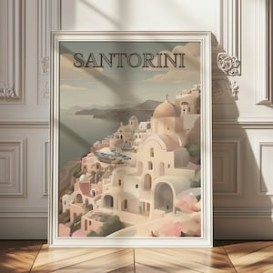 Santorini Wall Art Print | Greece Travel Poster, Romantic Coastal Decor, Mediterranean Landscape Illustration, Aegean Sea Sunset Art