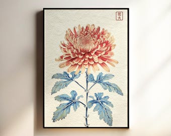 Impresión de crisantemo japonés, arte mural vintage de flores botánicas, póster floral asiático, decoración tradicional japonesa, obra de arte natural, sin marco