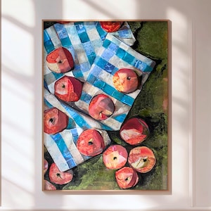 Stampa di natura morta con mele in stile fattoria - Stampa da parete per cucina a quadretti Cottagecore - Poster con dipinto di frutta rustica per l'arredamento di casa in stile country