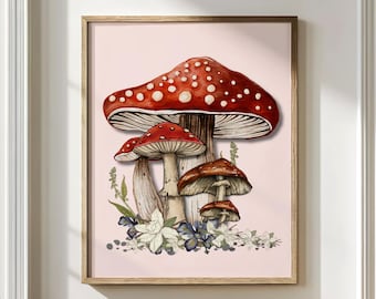 Arte de pared con hongos en estilo cottagecore rosa, impresión caprichosa de seta de hadas con flores silvestres, decoración para habitación infantil, póster botánico en estilo forestcore.