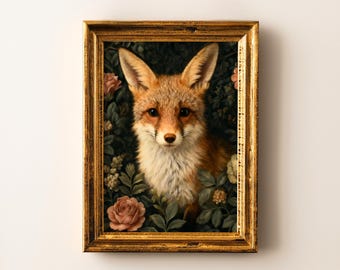 Fox Wall Art Print, Woodland Animal Poster with Flowers, Vintage Red Fox Painting for Bedroom Nursery or Cozy Cottagecore Decor