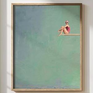 Retro Swimmer on Diving Board Poster, Pink Coastal Print, Vintage Poolside Artwork, Palm Beach Decor, Chic Beach House Bathroom Art