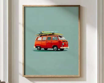 Retro Surf Van Poster, Red Camper Wall Art, Vintage Coastal Decor, Surfboard Print, Boho Kids Room Artwork, Travel Aesthetic Gift for Surfer