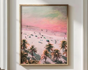 Rosa Sonnenuntergang Strand Poster, Retro Palmen Wandkunst, Bunt Meerblick Poster, Tropisches Küstendekor, Airbnb Sommer Fine Art