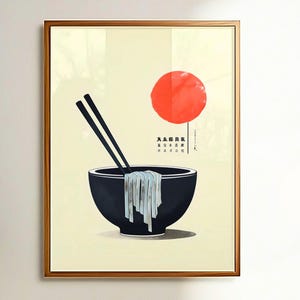 Minimalist Japanese Ramen Bowl Poster, Red Sun Noodle Art Print, Modern Asian Kitchen Wall Decor, Fine Art Giclée for Foodie Homes