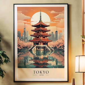 Tokyo Travel Poster, Japan Wall Art Print, Cherry Blossom and Pagoda Scene, Modern Japanese Skyline, Peaceful Japan Cityscape Art