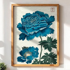 Blue Peony Botanical Print: Vintage Japanese Floral Wall Art