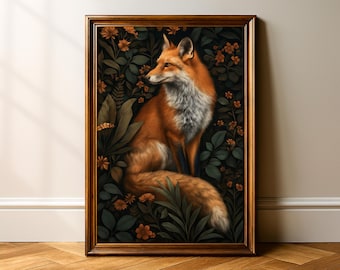 Fox Wall Art Print, Woodland Animal Painting with Florals, Elegant Fine Art Poster for Living Room, Office or Cottagecore Decor