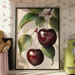 Cherry Kitchen Poster - Glossy Red Fruit Wall Art, Modern Botanical Print for Mediterranean or Cottagecore Kitchen Decor