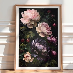 Impressão de peônia barroca: arte de parede floral melancólica, estilo antigo dos mestres