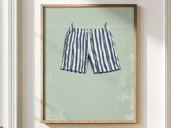 Navy Blue Striped Swim Shorts Poster, Vintage Beach Print, Coastal Beach Wall Art, Retro Bathroom Decor