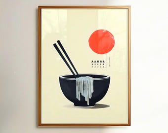 Arte mural de tazón de ramen japonés, impresión de fideos de sol rojo, decoración minimalista de cocina asiática, póster de restaurante moderno, idea de regalo para amantes de la gastronomía.