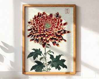 Japanese Chrysanthemum Print, Red Floral Wall Art, Botanical Flower Poster, Asian Decor Print, Vintage Style Art, Wall Hanging for Home