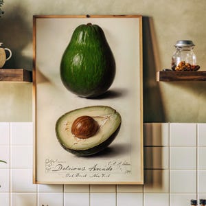 Vintage Avocado Botanical Print – Restaurant Kitchen Wall Art, Retro Avocado Poster for Cafés, Healthy Food or Brunch Decor