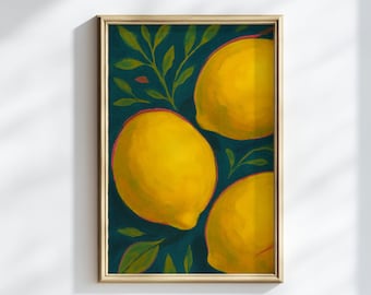 Op de afbeelding: Een ingelijste kunstdruk met een stilleven van citroenen. De afbeelding toont drie grote, gele citroenen met roze omtreklijnen tegen een diepe teal achtergrond. Groene bladeren en takken completeren de compositie.