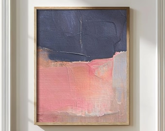 Pink Abstract Poster, Warm Modern Wall Art Print, Navy Peach Minimal Painting, Mediterranean Bedroom Decor, Large Contemporary Artwork