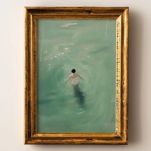 Ethereal Swimmer Wall Art, Minimalist Pool Print, Japandi Bathroom Decor, Wabi Sabi Fine Art Poster, Coastal Green Artwork, Unframed