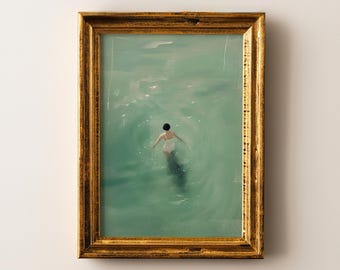 Quadro murale con nuotatrice eterea, stampa minimalista per piscina, decorazione bagno in stile giapponese, poster d'arte Wabi Sabi, opera d'arte verde costiera, senza cornice