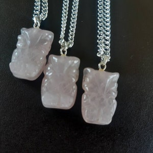 Carved Rose Quartz Owl pendant necklace. Gemstone animal pendants