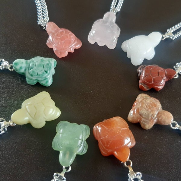 Carved gemstone turtle pendant necklace. Gemstone animal pendants