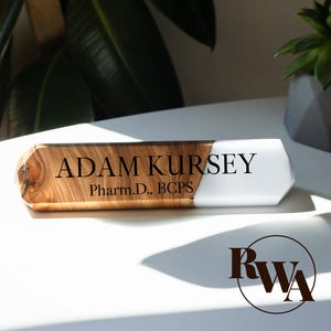 IDENTITY – Custom Desk Name plate from Wood & Resin. Engraved desk sign future doctor gift, corporate gifts