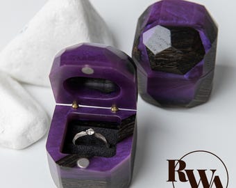 METEORITE – Epoxy & Oak Wood Ring Box anniversary gift for her. Purple Engagement Ring Box Unique Romantic gift
