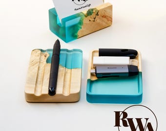 ELEMENT – Desk Organizer Set with Epoxy Resin. Wood Engraving coworker gift ideas. Custom manager gifts