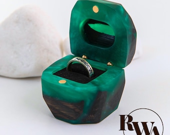 METEORITE – Resin & Wood Engagement Ring Case. Green ring storage box sentimental gift for her