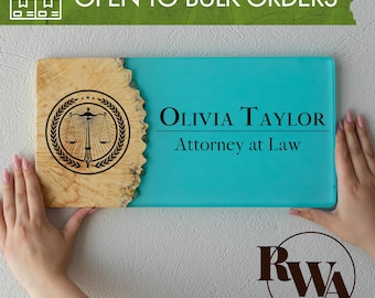 Custom sign front door from Epoxy & Wood. Engraved wall name plate for office sign business. Unique gifts for lawyers, new job gift