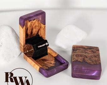 FLIP – Epoxy & Wood Engagement ring box. Custom Purple Ring box as Engraved gift for girlfriend