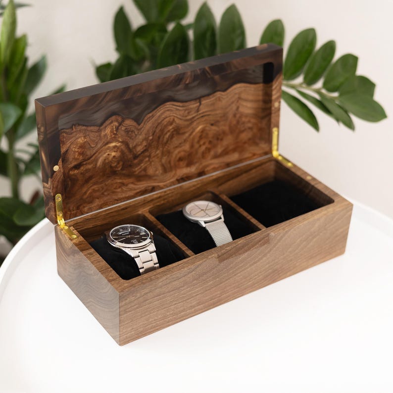 TEMPO – Wood Watch Display Case with Epoxy anniversary gift for her. Custom 3 watch box as romantic gift for wife image 17